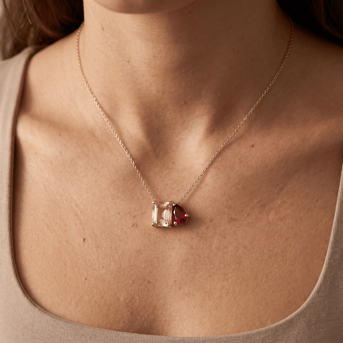 2.50 Cttw Pear Red Ruby and Morganite 14k Yellow Gold Toi et Moi Pendant Necklace