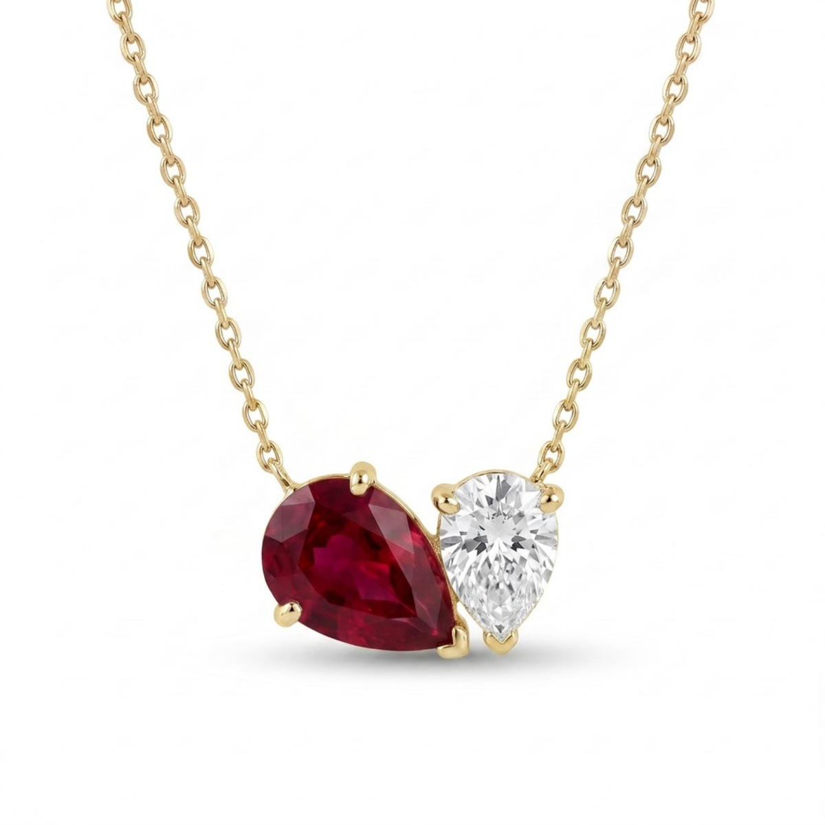 4.33 Cttw Pear Emerald, Ruby, Sapphire and Lab Diamond 14K Yellow Gold Toi et Moi Pendant Necklace