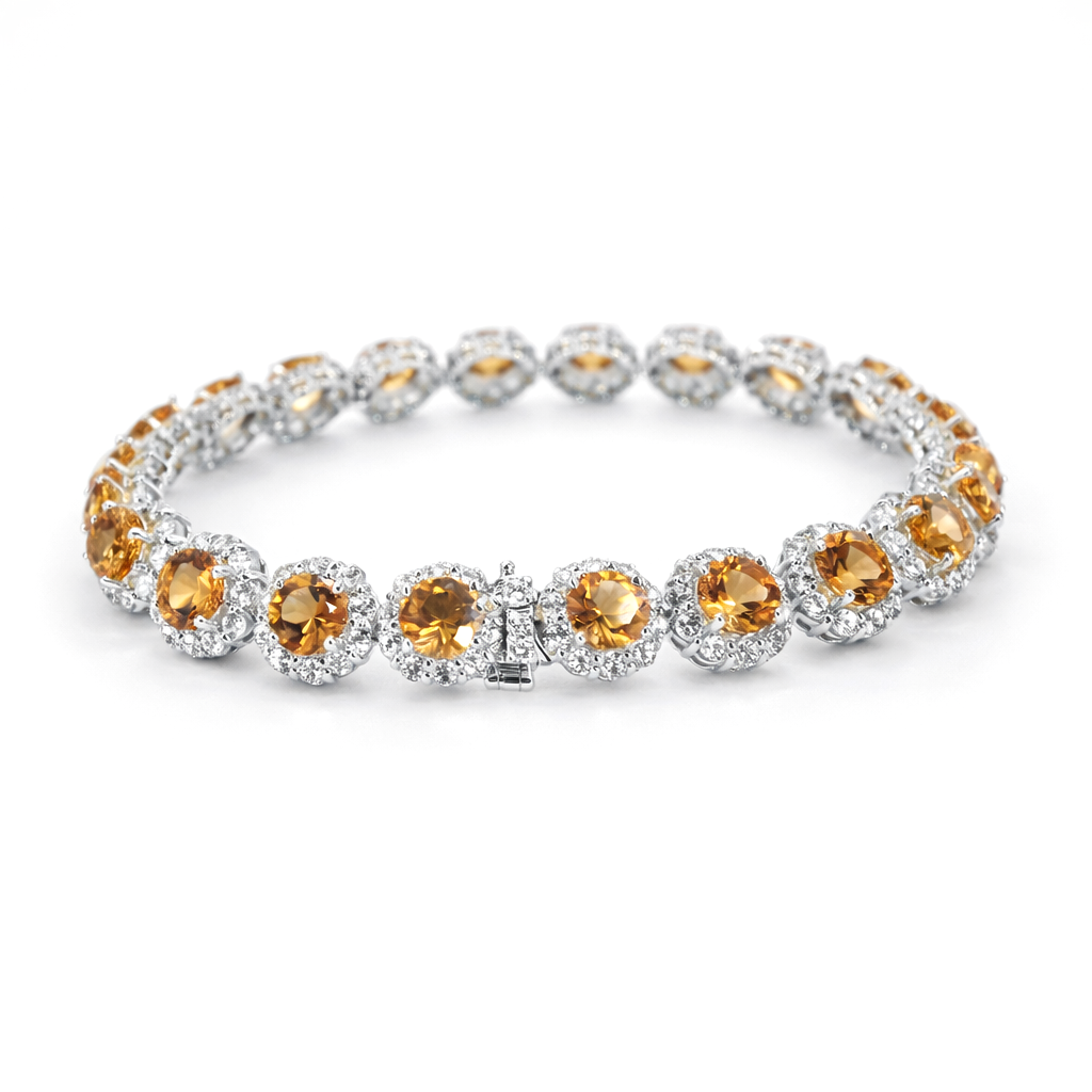 15.1 Ct Round Yellow Citrine Prong Silver Halo Tennis Bracelet