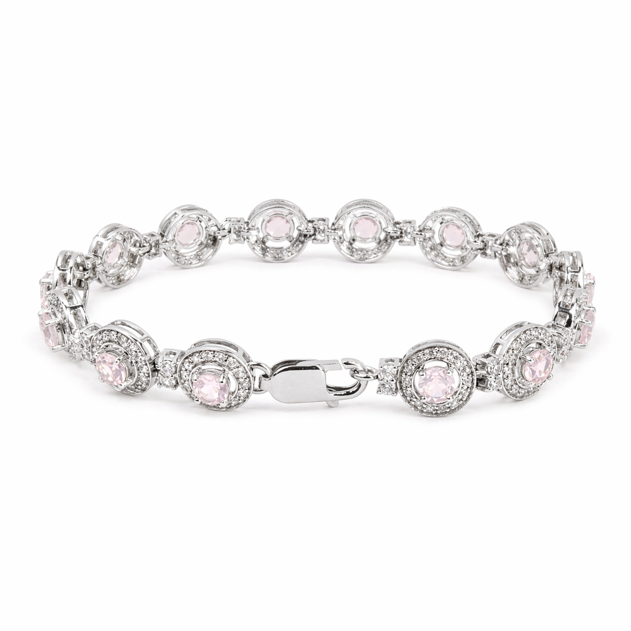 4.3 Ct Round Pink Rose Quartz Prong Silver Halo Tennis Link Bracelet