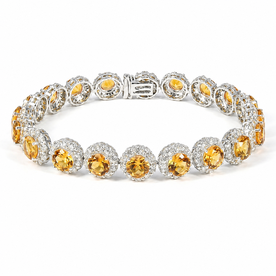 25.40 Cttw Round Yellow Citrine Prong Halo Tennis Sterling Silver Bracelet
