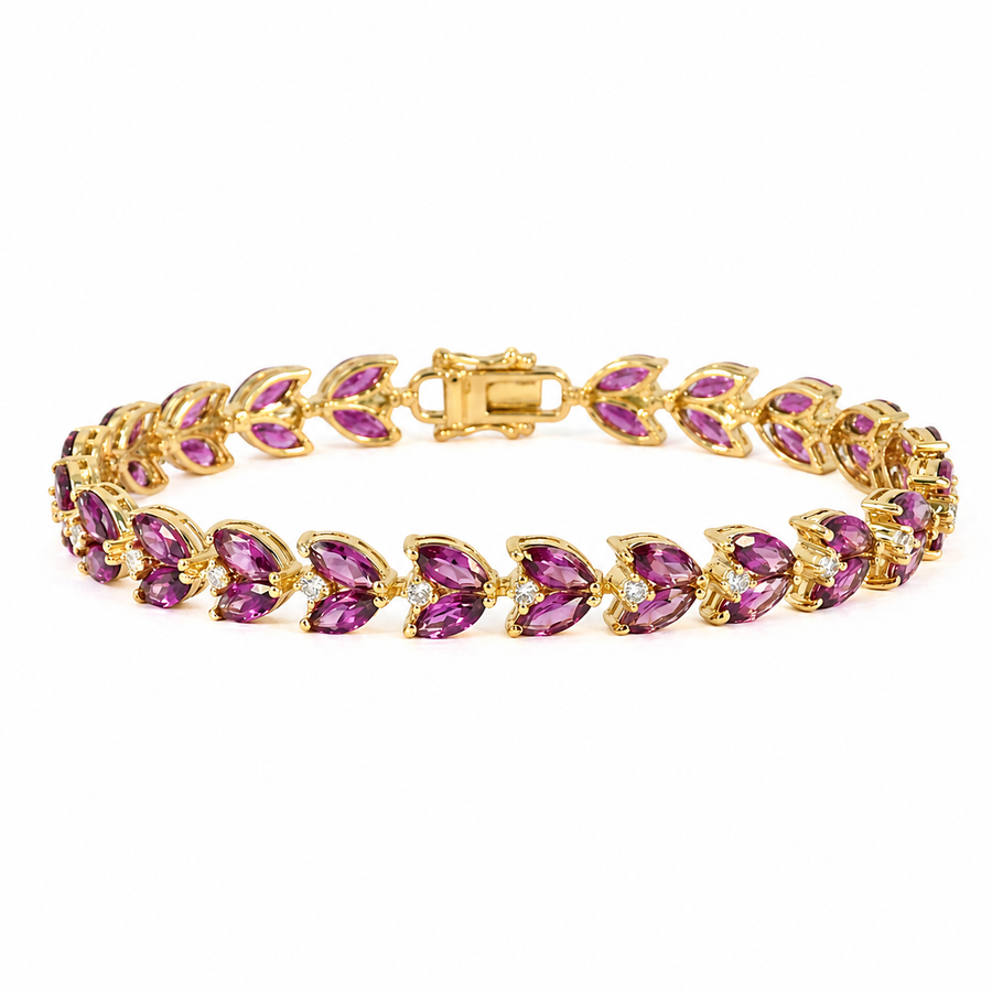 15.4 Cttw Marquise Purple Rhodolite Garnet & Multi-Gemstone Prong Gold Plated Silver Leaf Cluster Tennis Bracelet