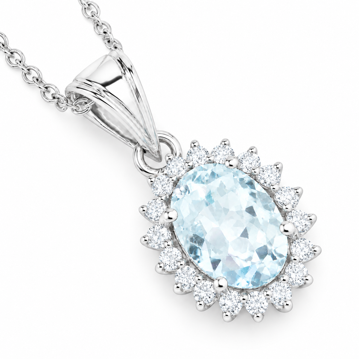 1.60 Ct Oval Blue Aquamarine & Lab Diamond Prong Silver Halo Pendant Necklace