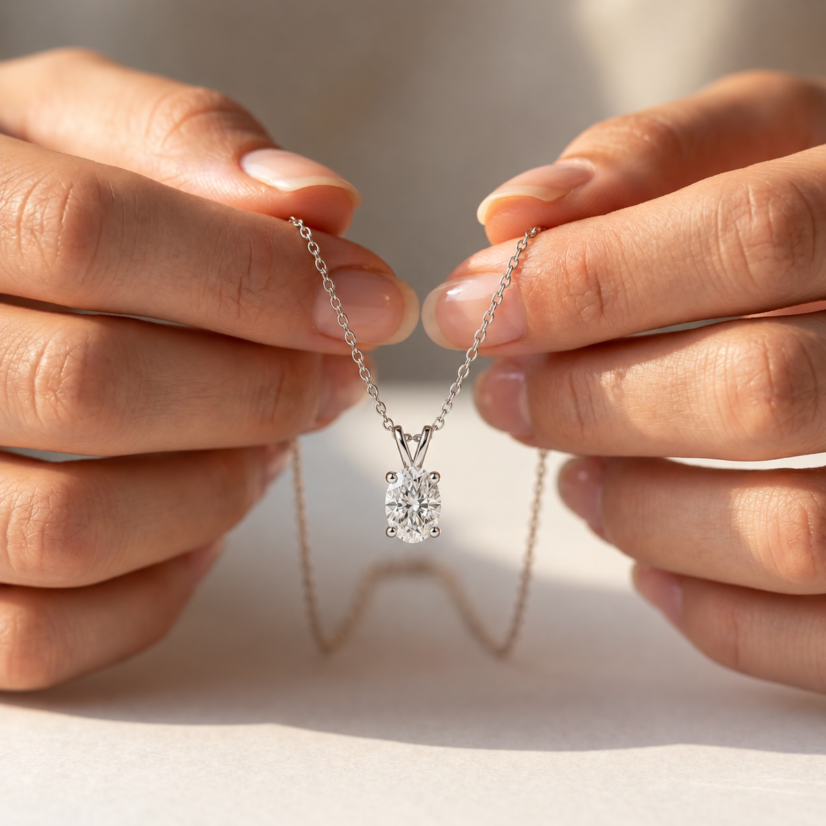 IGI Certified Oval Lab Grown Diamond Rhodium Over Silver Solitaire Necklace