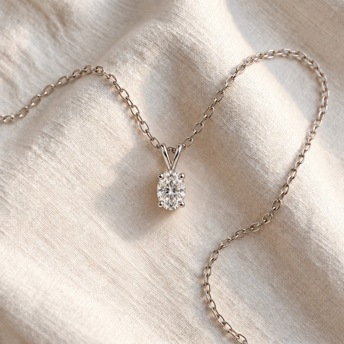 IGI Certified Oval Lab Grown Diamond Rhodium Over Silver Solitaire Necklace