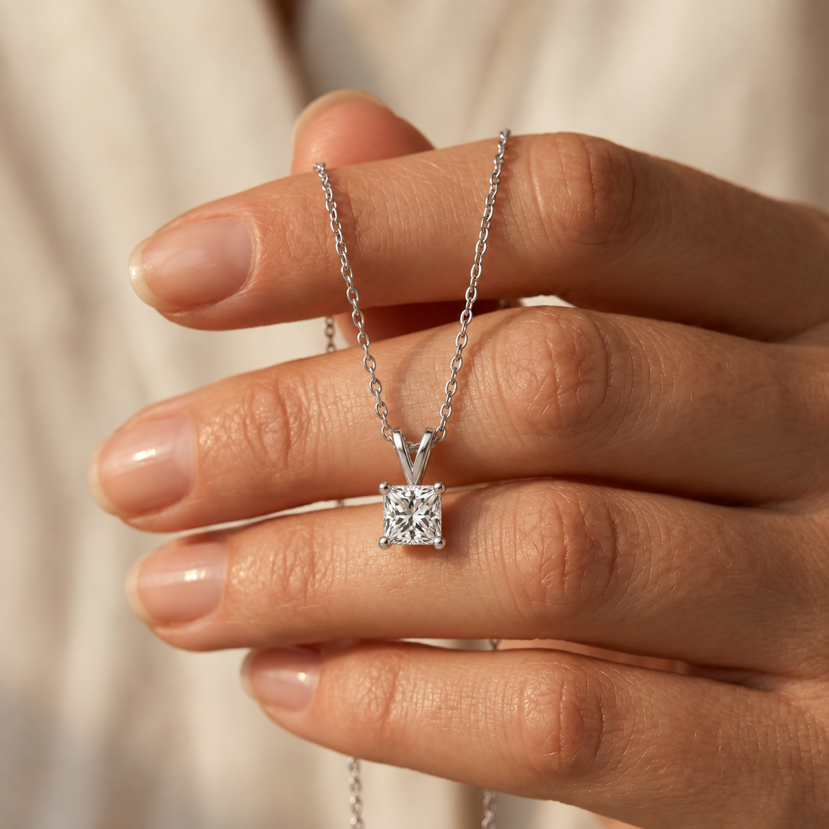 IGI Certified Princess Cut Lab Grown Diamond Rhodium Over Silver Square Solitaire Necklace