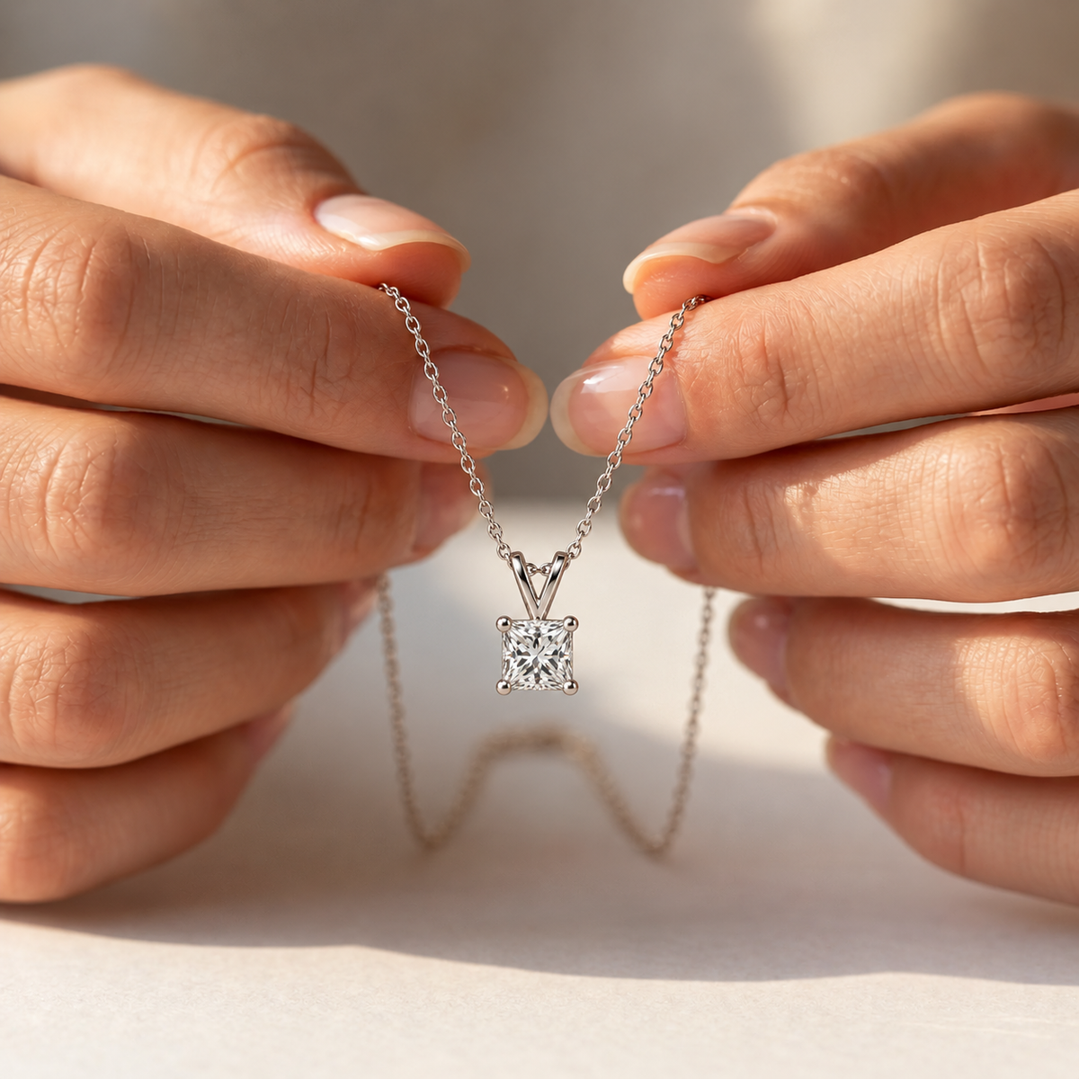 IGI Certified Princess Cut Lab Grown Diamond Rhodium Over Silver Square Solitaire Necklace