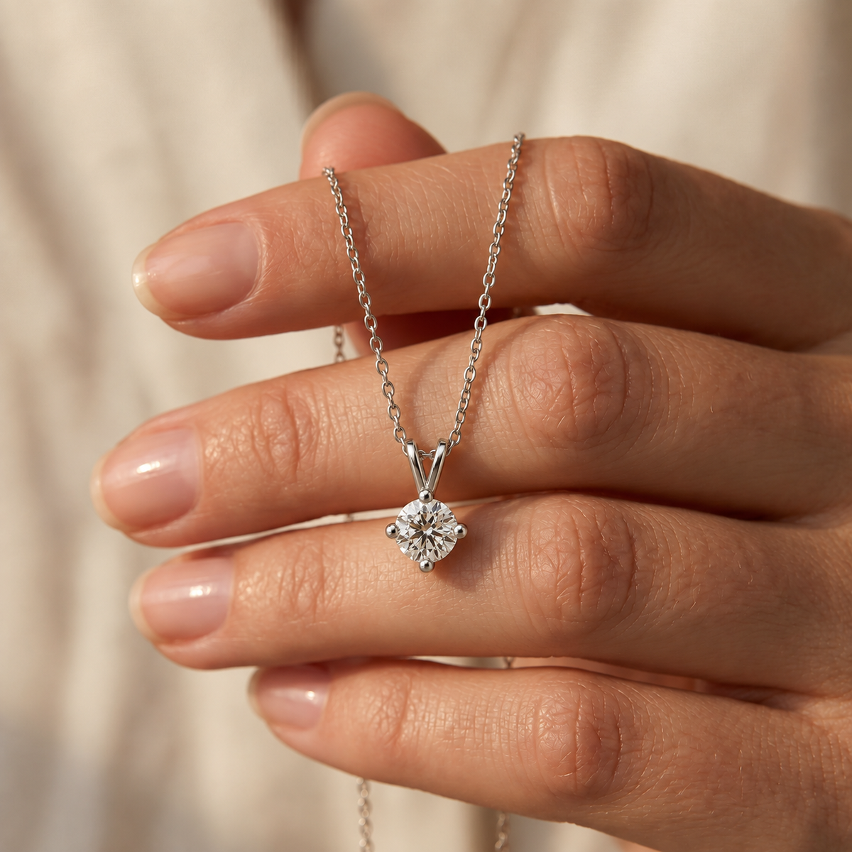 IGI Certified Round Lab Grown Diamond Rhodium Over Silver Solitaire Necklace