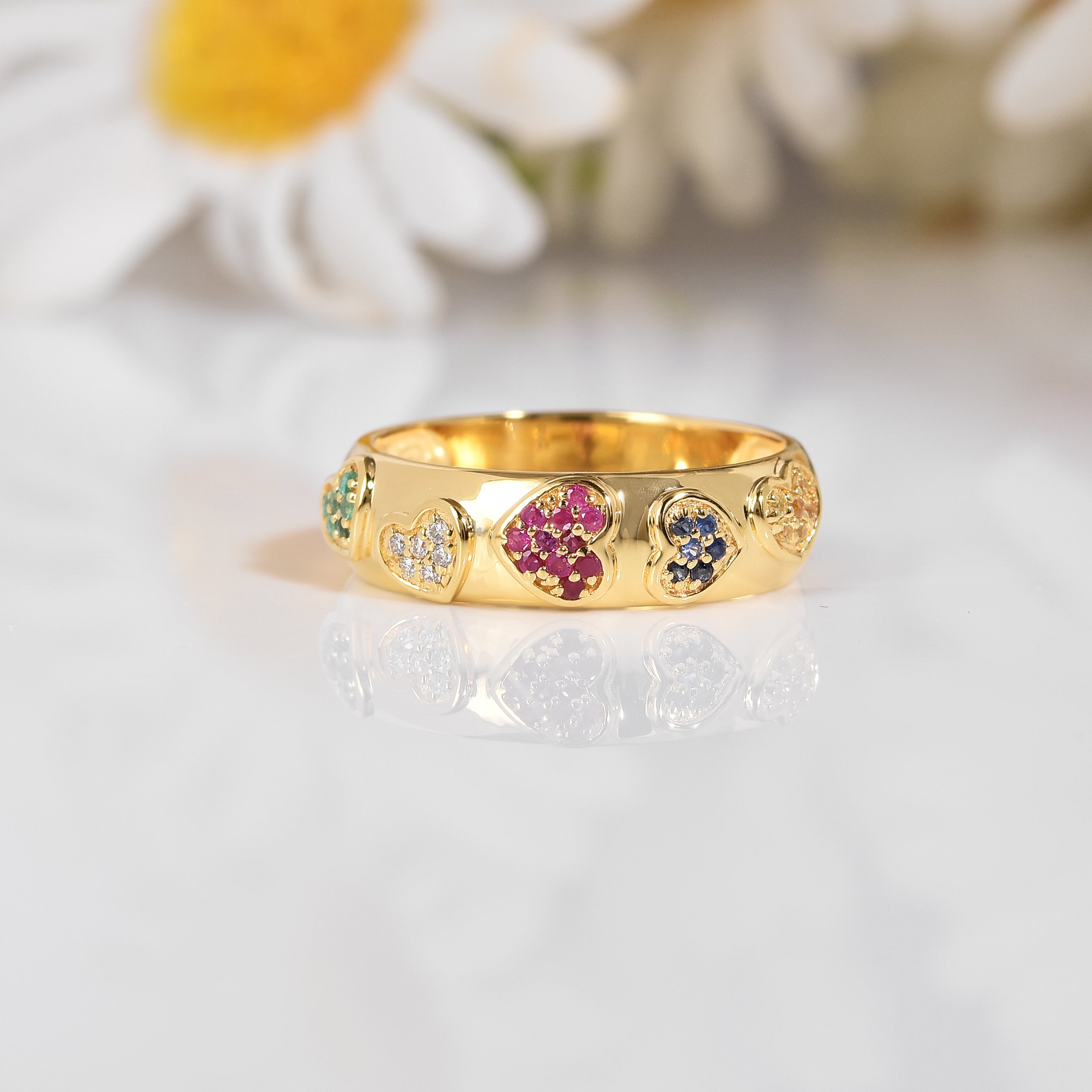 22k Gold Vermeil Diamond and Multi-Gemstone Heart Band Ring
