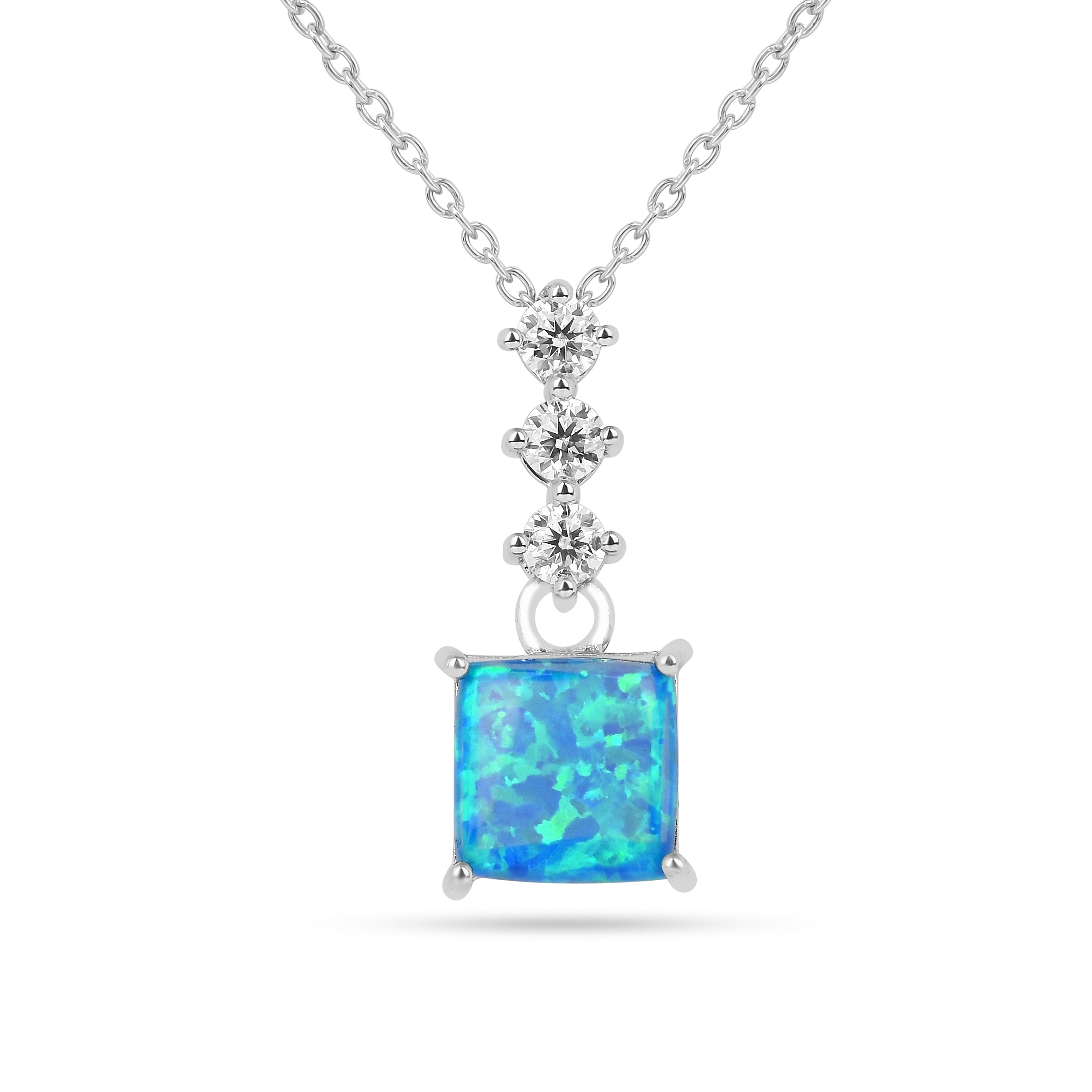 Lab Grown Princess Cut Blue Opal Pendant Necklace