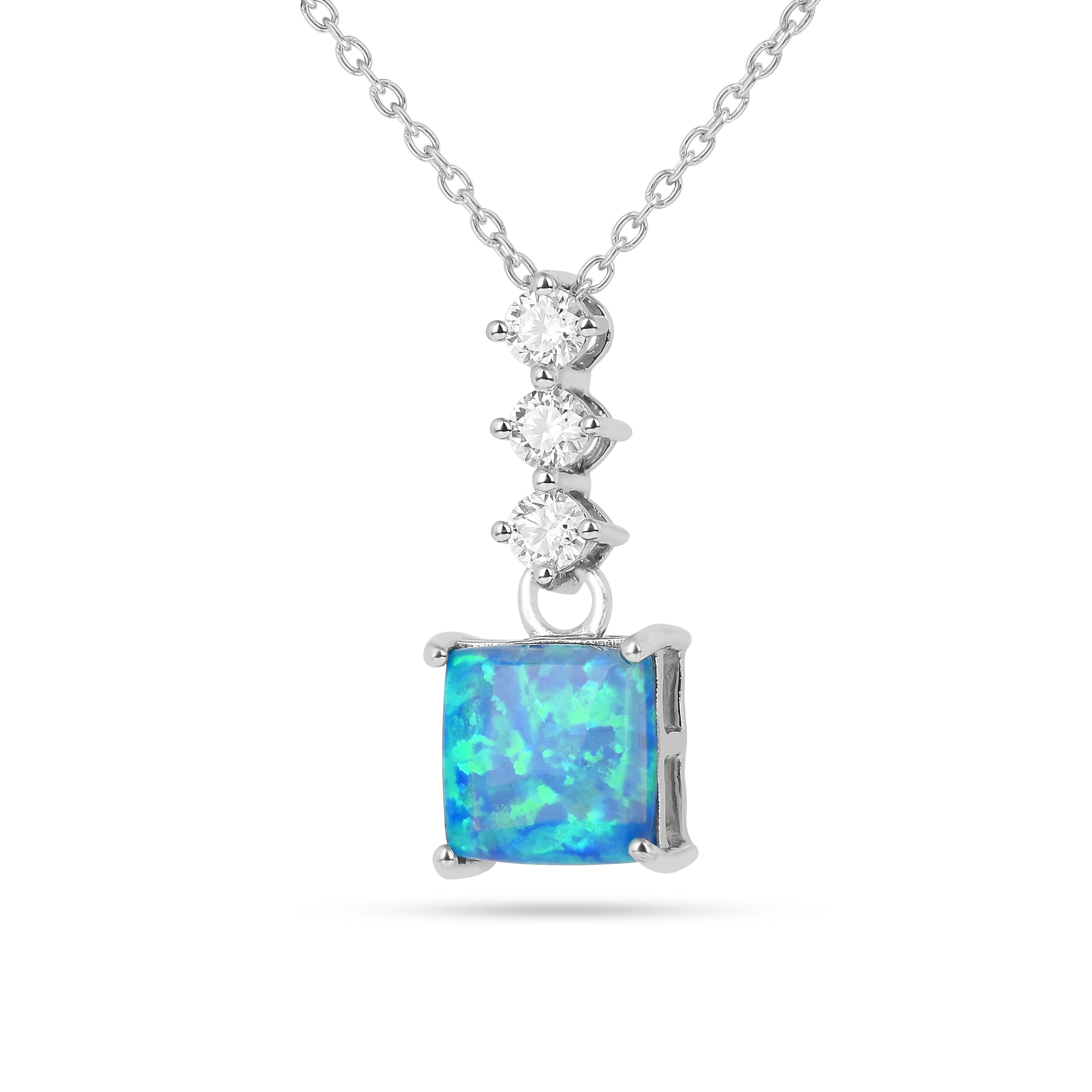 Lab Grown Princess Cut Blue Opal Pendant Necklace