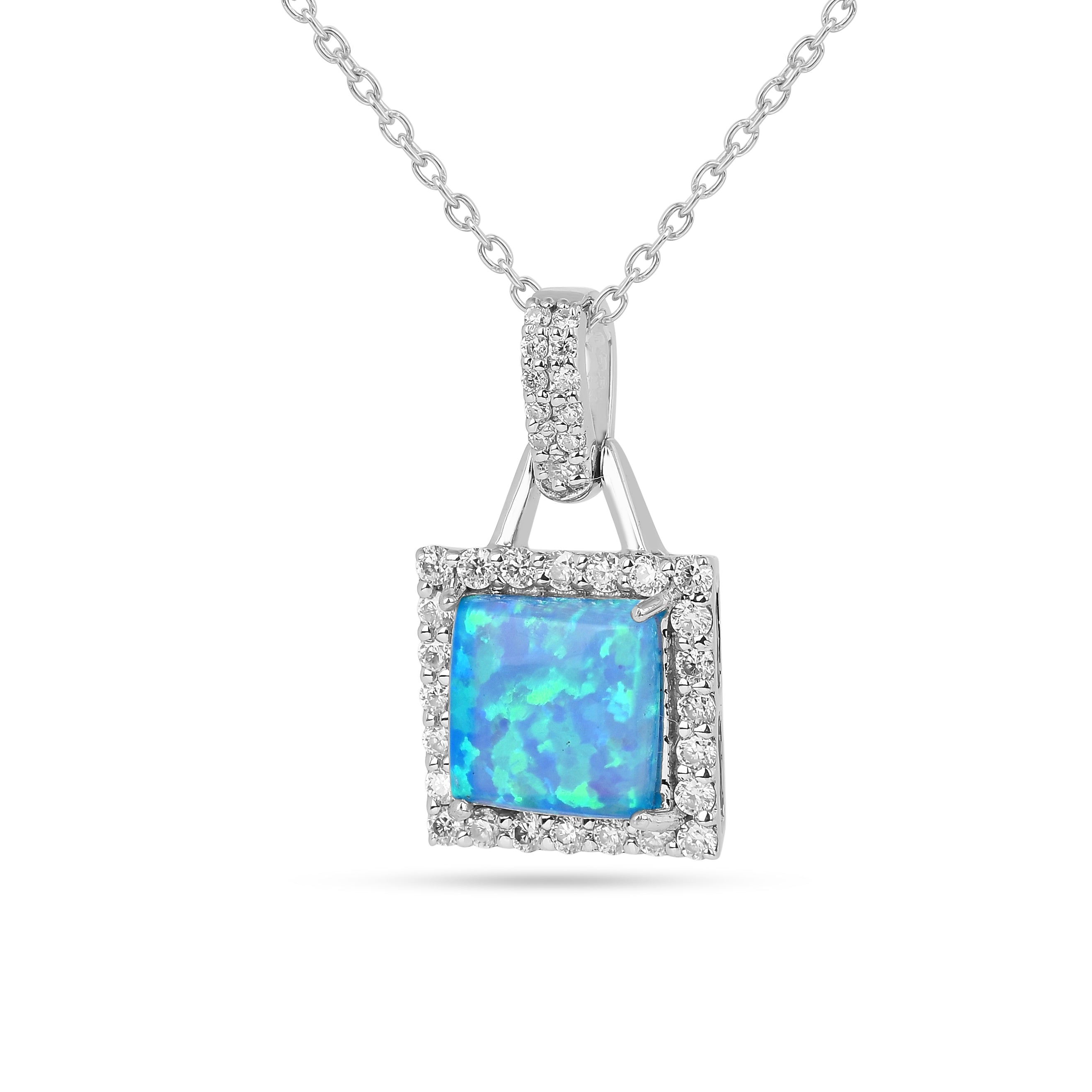 Lab Grown Blue Opal Halo Pendant Necklace
