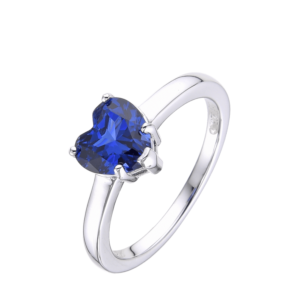 Lab Grown Blue Sapphire Heart Shaped Ring -September Birthstone White Rhodium-Plated 925 Sterling Silver - FineColorJewels