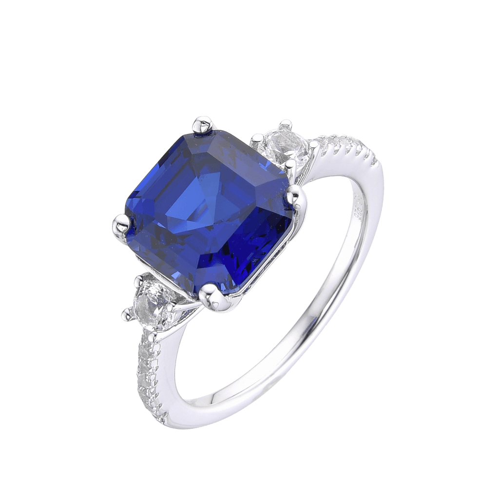 Lab Grown Asscher Cut Blue Sapphire Ring with White Topaz Accents -September Birthstone White Rhodium-Plated 925 Sterling Silver - FineColorJewels
