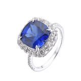 Lab Grown Cushion Cut Blue Sapphire Statement Ring with White Topaz Accents, September Birthstone Ring in White Rhodium-Plated 925 Sterling Silver - FineColorJewels