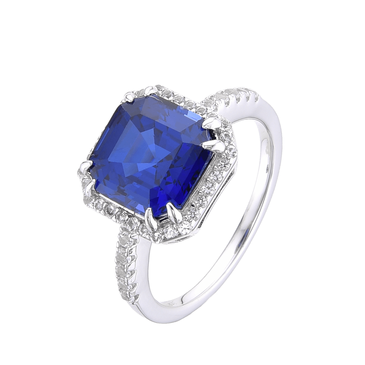 Lab Grown Asscher Cut Blue Sapphire Halo Ring with Round White Topaz Accents -September Birthstone White Rhodium-Plated 925 Sterling Silver - FineColorJewels