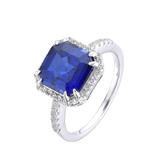 Lab Grown Asscher Cut Blue Sapphire Halo Ring with Round White Topaz Accents -September Birthstone White Rhodium-Plated 925 Sterling Silver - FineColorJewels