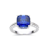 Lab Grown Blue Sapphire Ring |Asscher Cut Halo Ring | September Birthstone Ring |Rhodium Plated Sterling Silver Ring - FineColorJewels