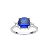 Lab Grown Cushion Cut Blue Sapphire Statement Engagement Ring with White Topaz Accents -September Birthstone White Rhodium-Plated 925 Sterling Silver - FineColorJewels