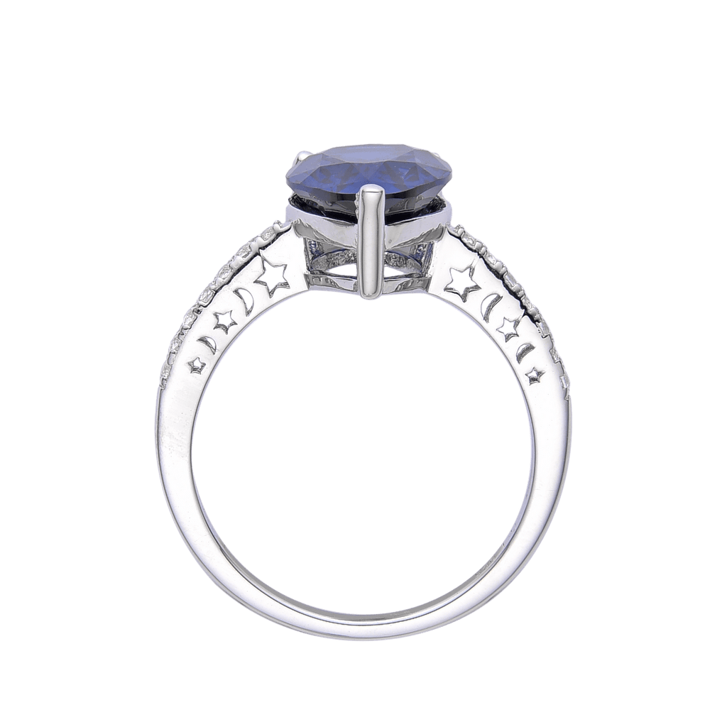Lab Grown Blue Sapphire Teardrop Shaped Ring with White Topaz Accents -September Birthstone White Rhodium-Plated 925 Sterling Silver - FineColorJewels