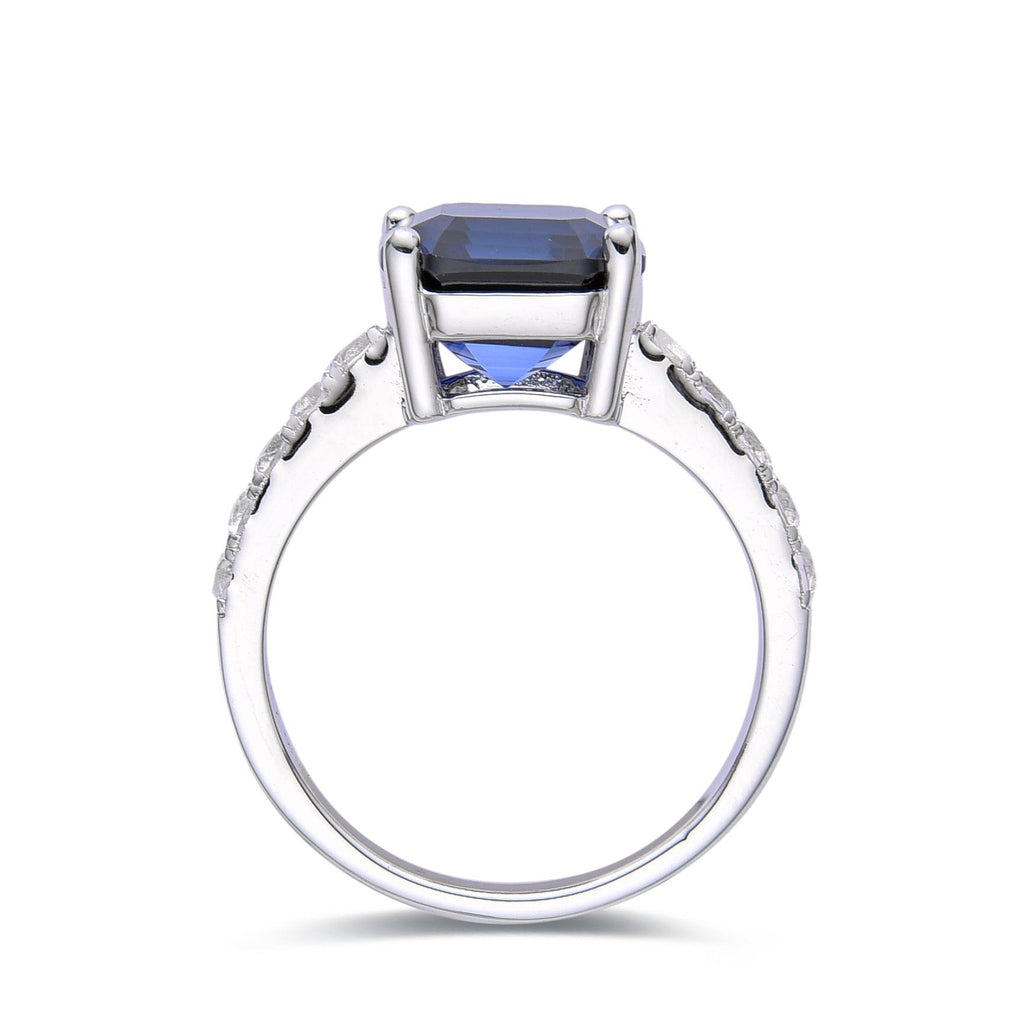 Lab Grown Blue Sapphire Ring |Asscher Cut Halo Ring | September Birthstone Ring |Rhodium Plated Sterling Silver Ring - FineColorJewels