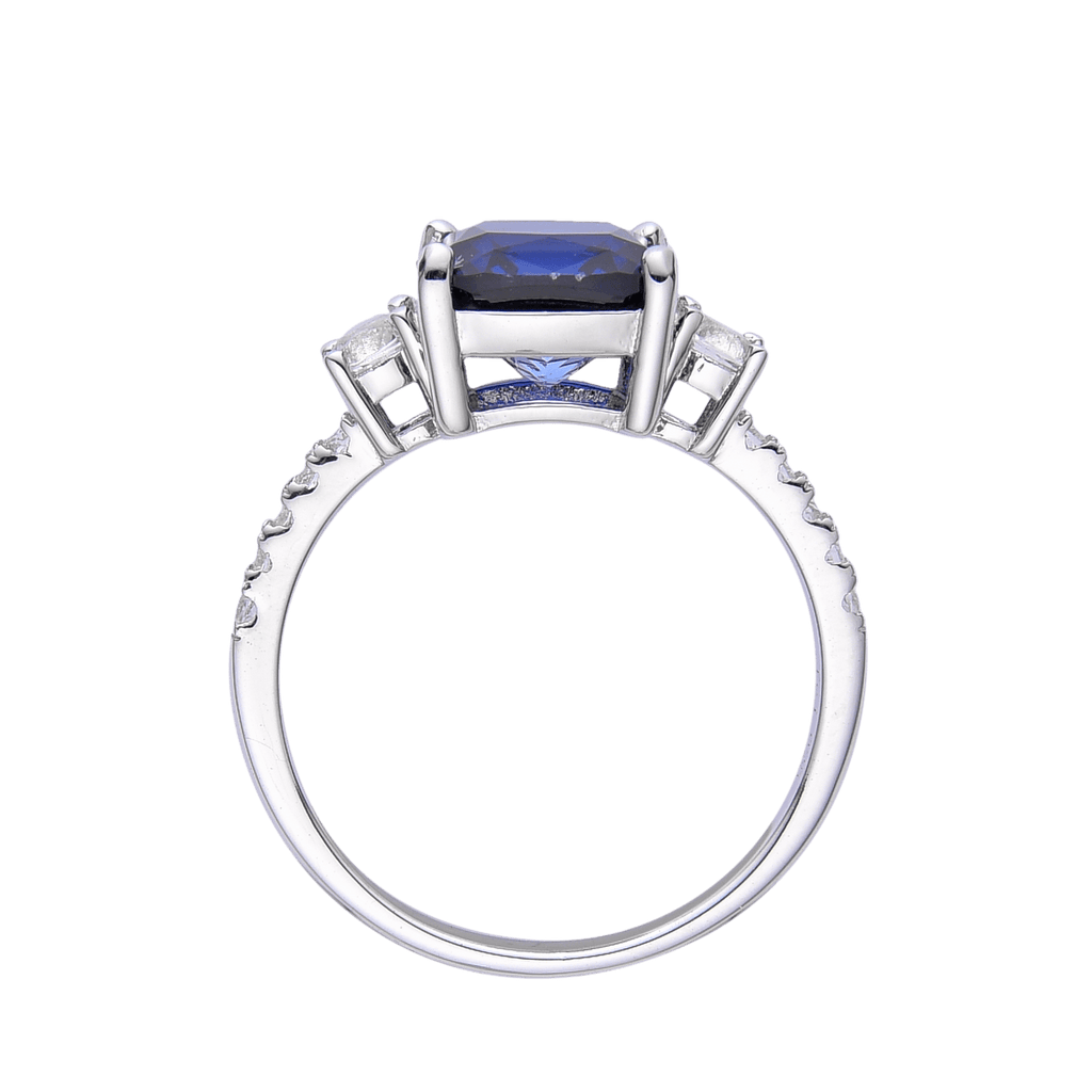 Lab Grown Cushion Cut Blue Sapphire Statement Engagement Ring with White Topaz Accents -September Birthstone White Rhodium-Plated 925 Sterling Silver - FineColorJewels