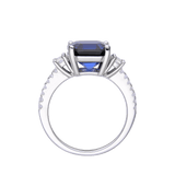 Lab Grown Asscher Cut Blue Sapphire Ring with White Topaz Accents -September Birthstone White Rhodium-Plated 925 Sterling Silver - FineColorJewels