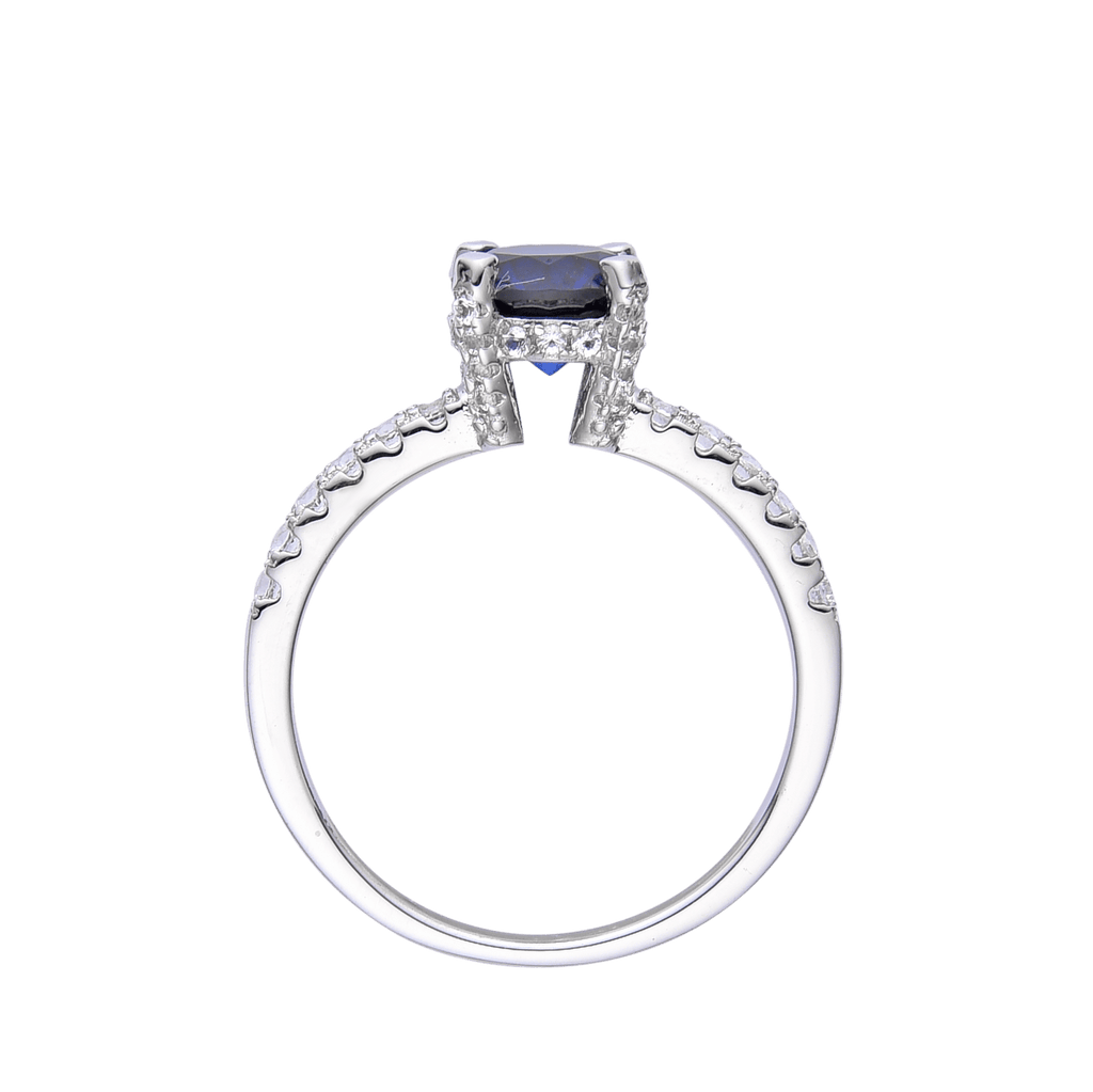 Lab Grown Blue Sapphire Round Solitare Engagement Ring with White Topaz Accents -September Birthstone White Rhodium-Plated 925 Sterling Silver - FineColorJewels