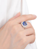 Lab Grown Cushion Cut Blue Sapphire Statement Ring with White Topaz Accents, September Birthstone Ring in White Rhodium-Plated 925 Sterling Silver - FineColorJewels