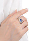 Lab Grown Cushion Cut Blue Sapphire Statement Ring - September Birthstone White Rhodium-Plated 925 Sterling Silver - FineColorJewels