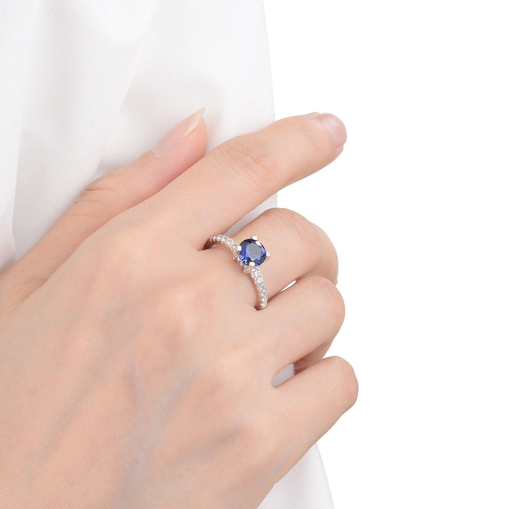 Lab Grown Blue Sapphire Round Solitare Engagement Ring with White Topaz Accents -September Birthstone White Rhodium-Plated 925 Sterling Silver - FineColorJewels