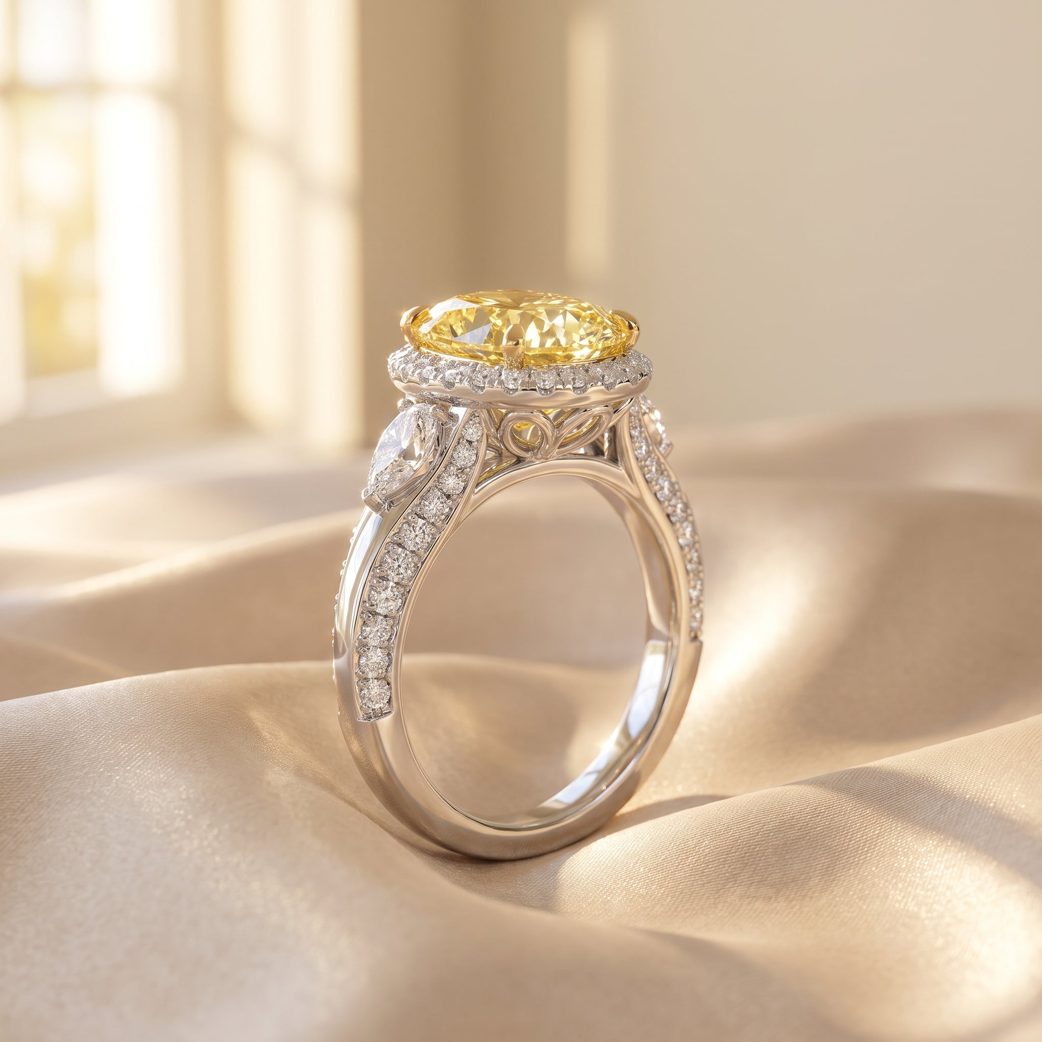 3Cttw Oval Shaped Yellow Lab Grown Diamond (F/VS) Three Stone Halo Enagement Ring 14K Gold