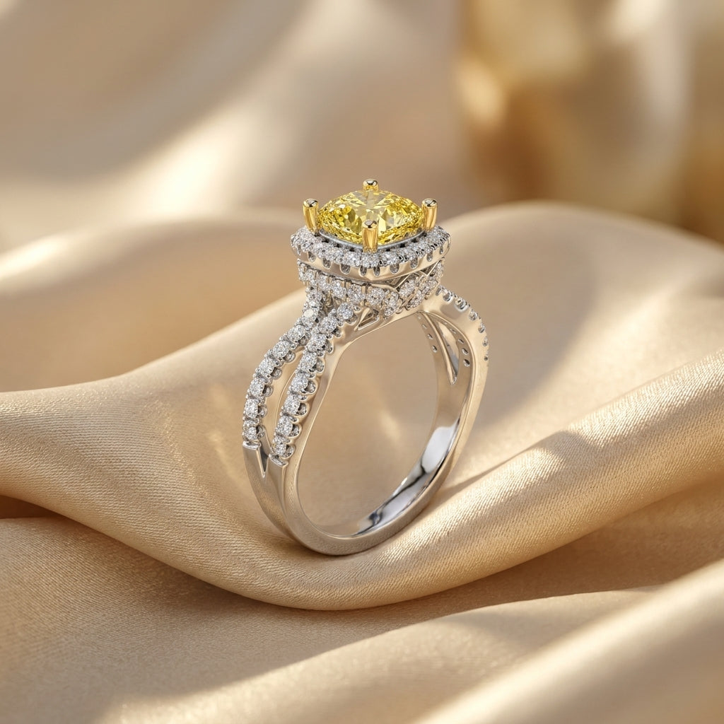 2.25Cttw Elongated Cushion Shaped Yellow Lab Grown Diamond (F/VS) Engagement Ring 14K Gold