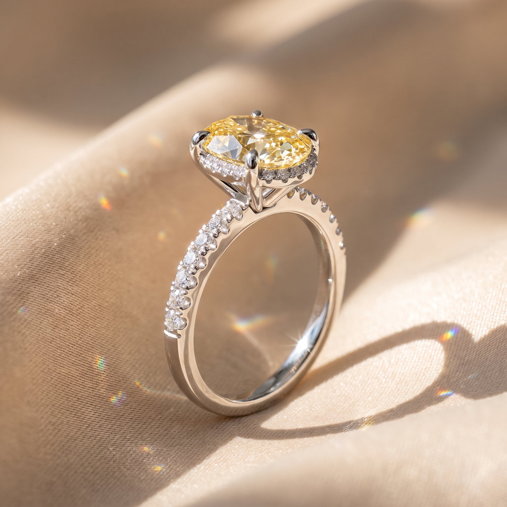 2Cttw Oval Shaped Yellow Lab Grown Diamond (F/VS) Halo Accented Engagement Ring 14K Gold