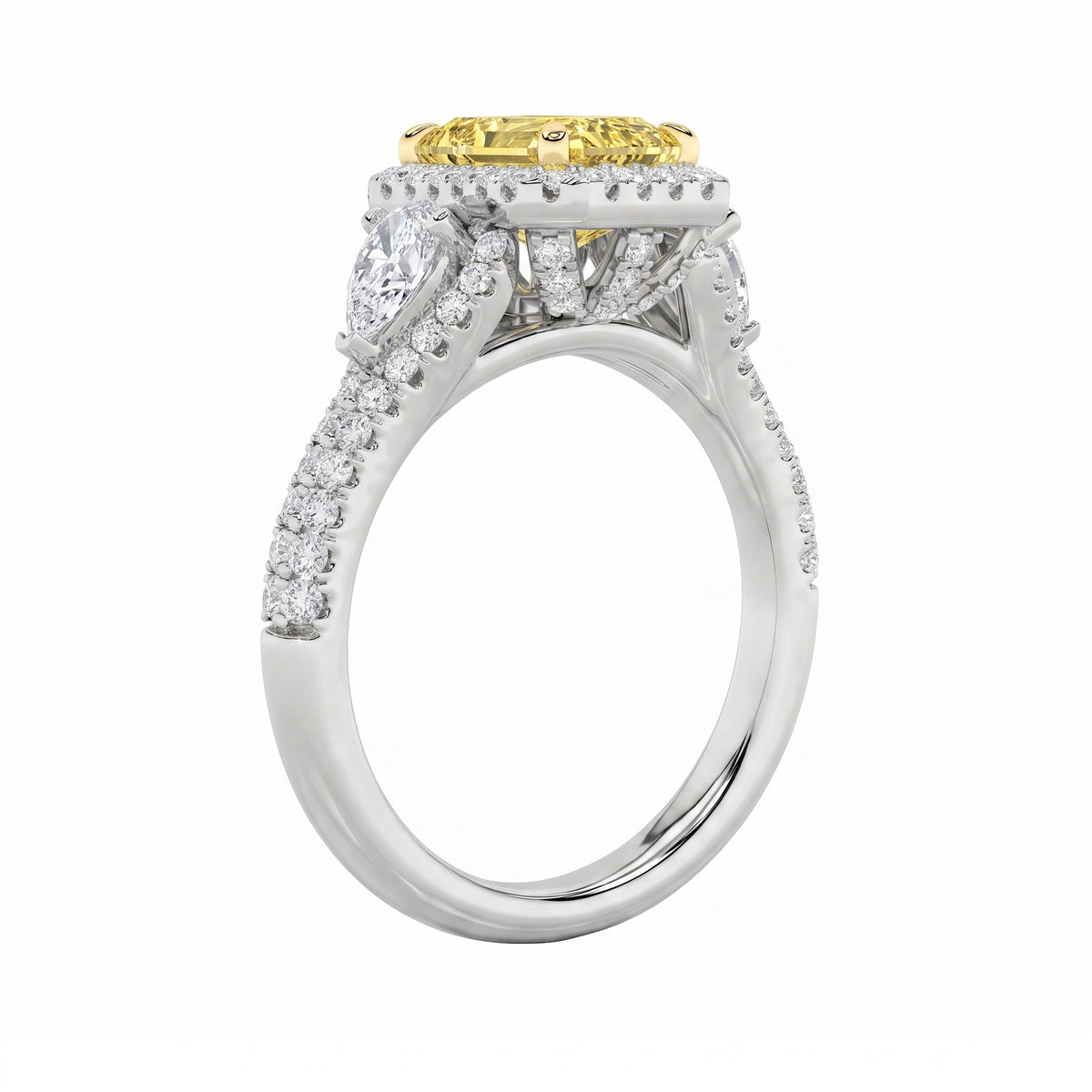 3Cttw Pear Shaped Yellow Lab Grown Diamond (F/VS) Three Stone Bold Accented Engagement Ring in 14K Gold