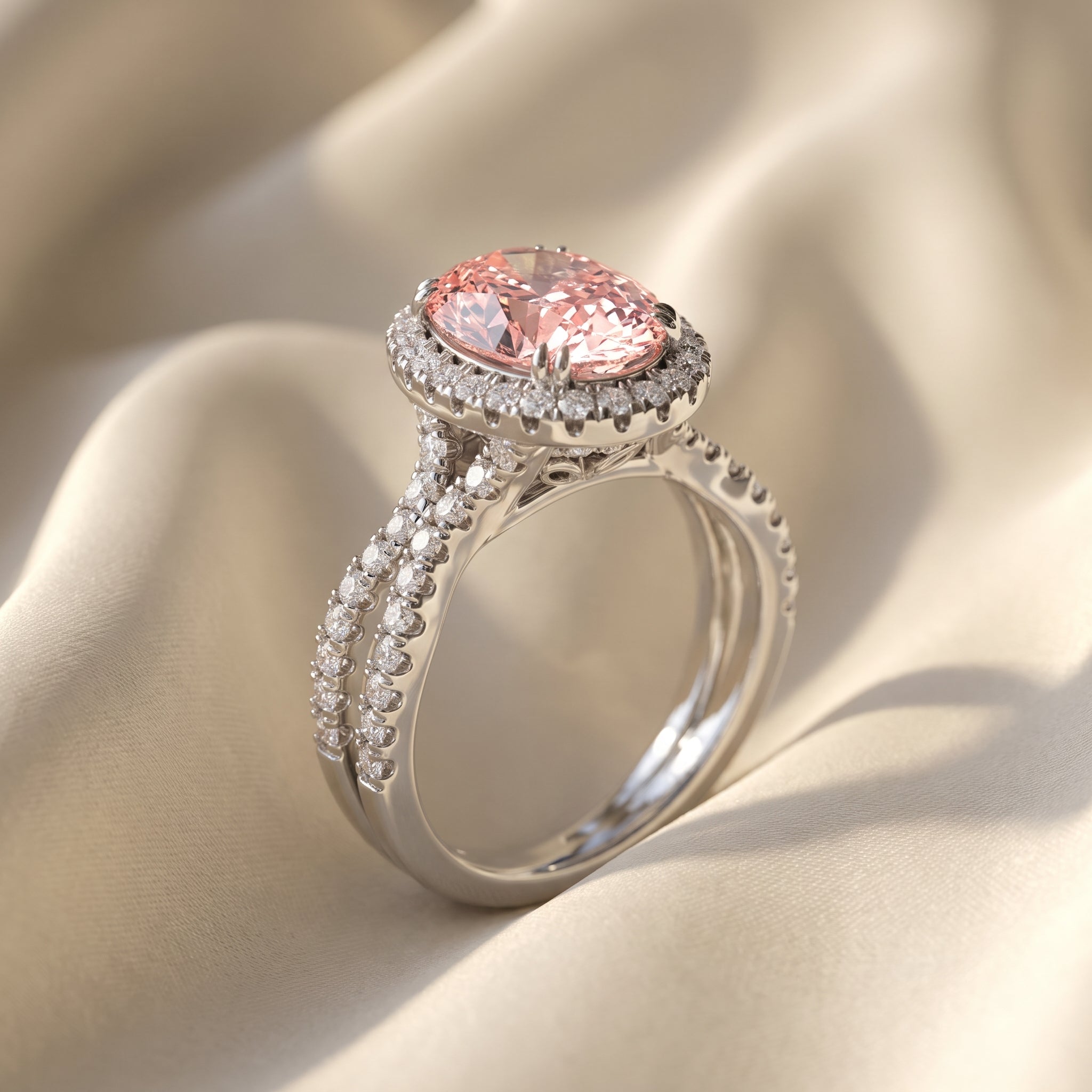 4Cttw Oval Shaped Pink Lab Grown Diamond (F/VS) Split Shank Halo Engagement Ring 14K Gold