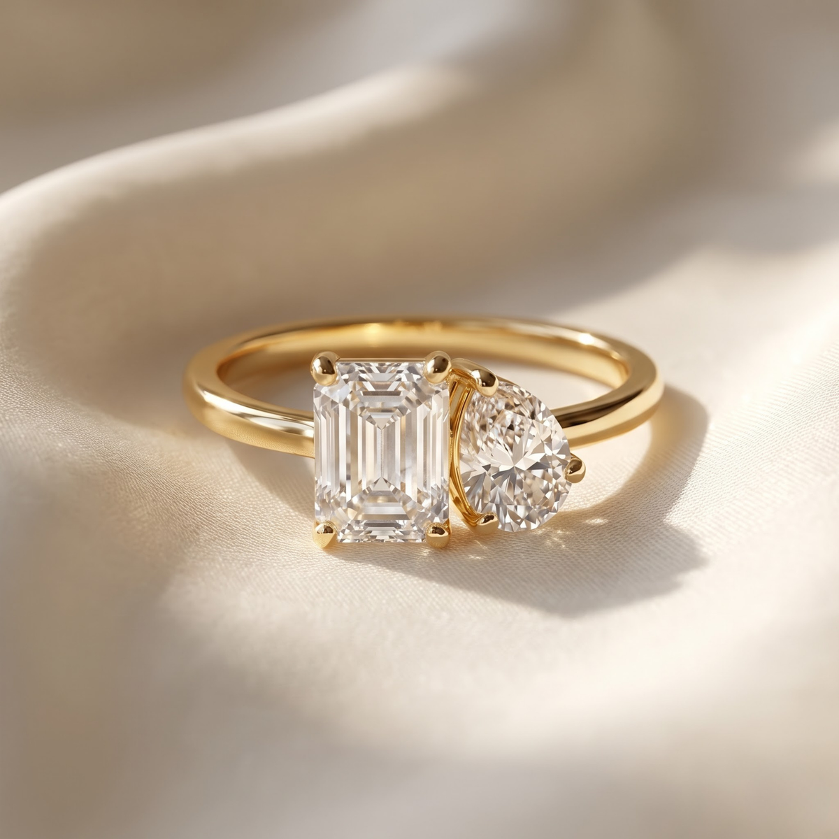 Two-Stone Toi et Moi Octagon and Pear Emerald, Ruby, Sapphire and Lab Diamond 14K Yellow Gold Ring