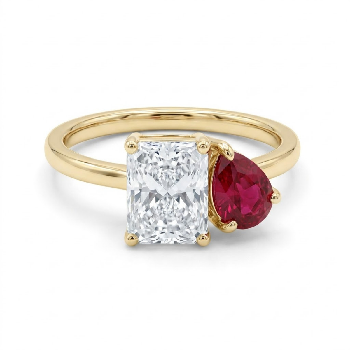 Two-Stone Toi et Moi Pear and Octagon Emerald, Ruby, Sapphire and Lab Diamond 14K Yellow Gold Ring