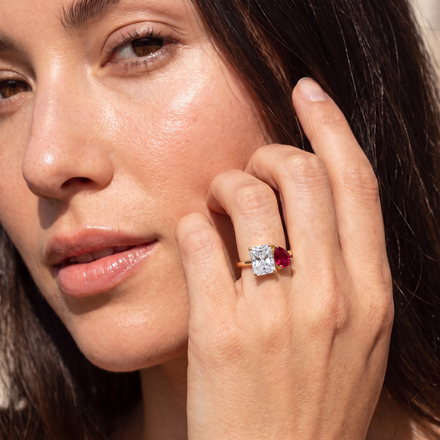 Two-Stone Toi et Moi Pear and Octagon Emerald, Ruby, Sapphire and Lab Diamond 14K Yellow Gold Ring
