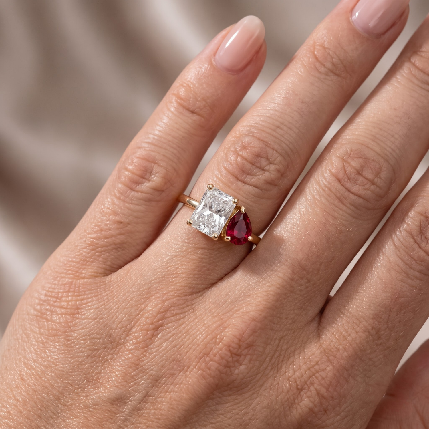 Two-Stone Toi et Moi Pear and Octagon Emerald, Ruby, Sapphire and Lab Diamond 14K Yellow Gold Ring