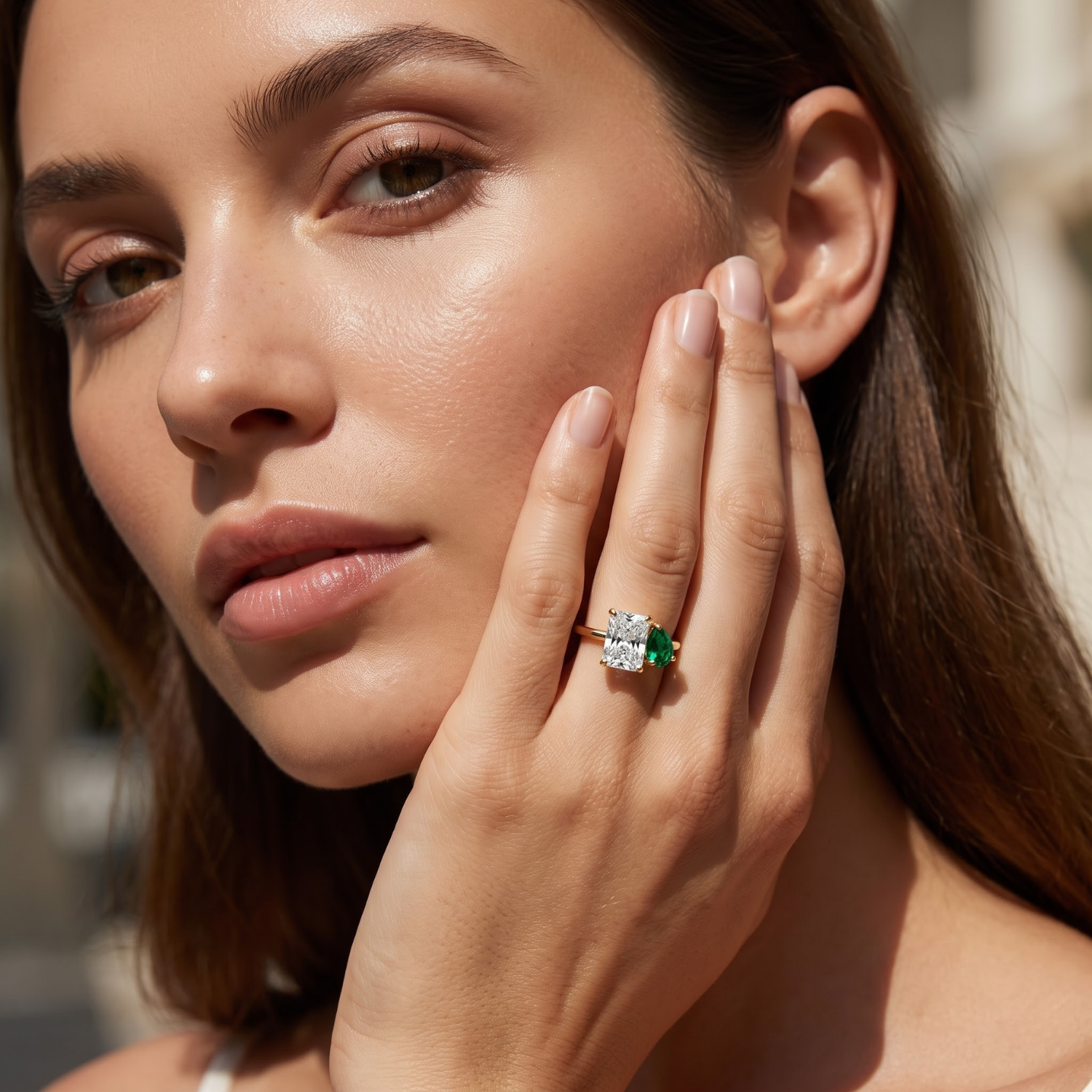 Two-Stone Toi et Moi Pear and Octagon Emerald, Ruby, Sapphire and Lab Diamond 14K Yellow Gold Ring
