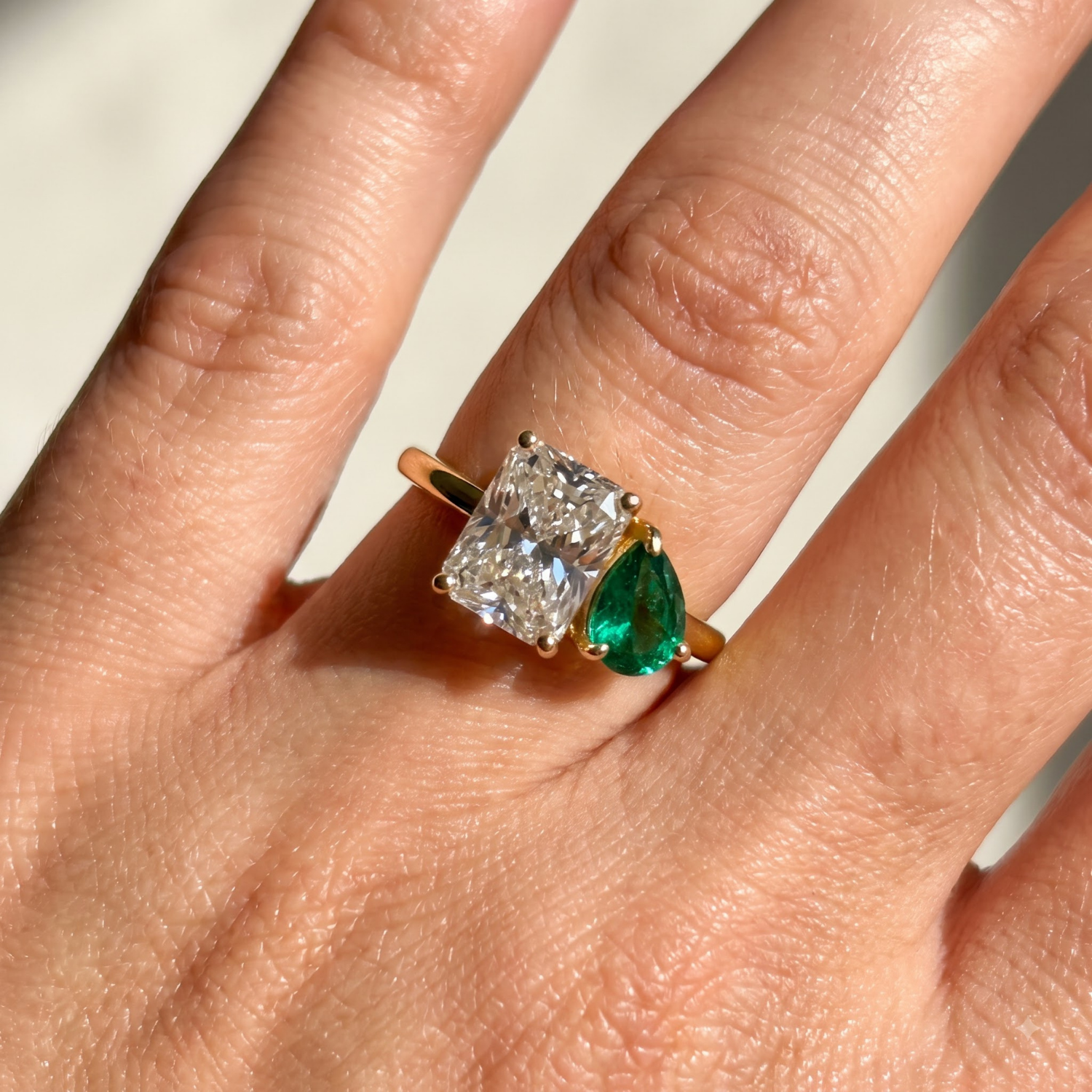 Two-Stone Toi et Moi Pear and Octagon Emerald, Ruby, Sapphire and Lab Diamond 14K Yellow Gold Ring