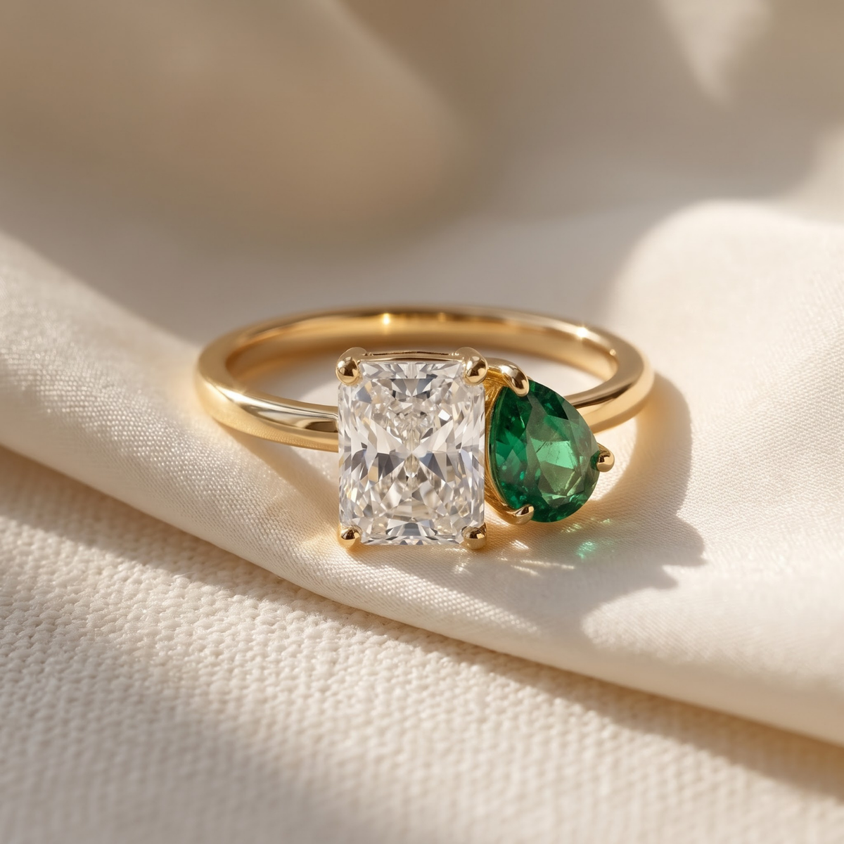 Two-Stone Toi et Moi Pear and Octagon Emerald, Ruby, Sapphire and Lab Diamond 14K Yellow Gold Ring