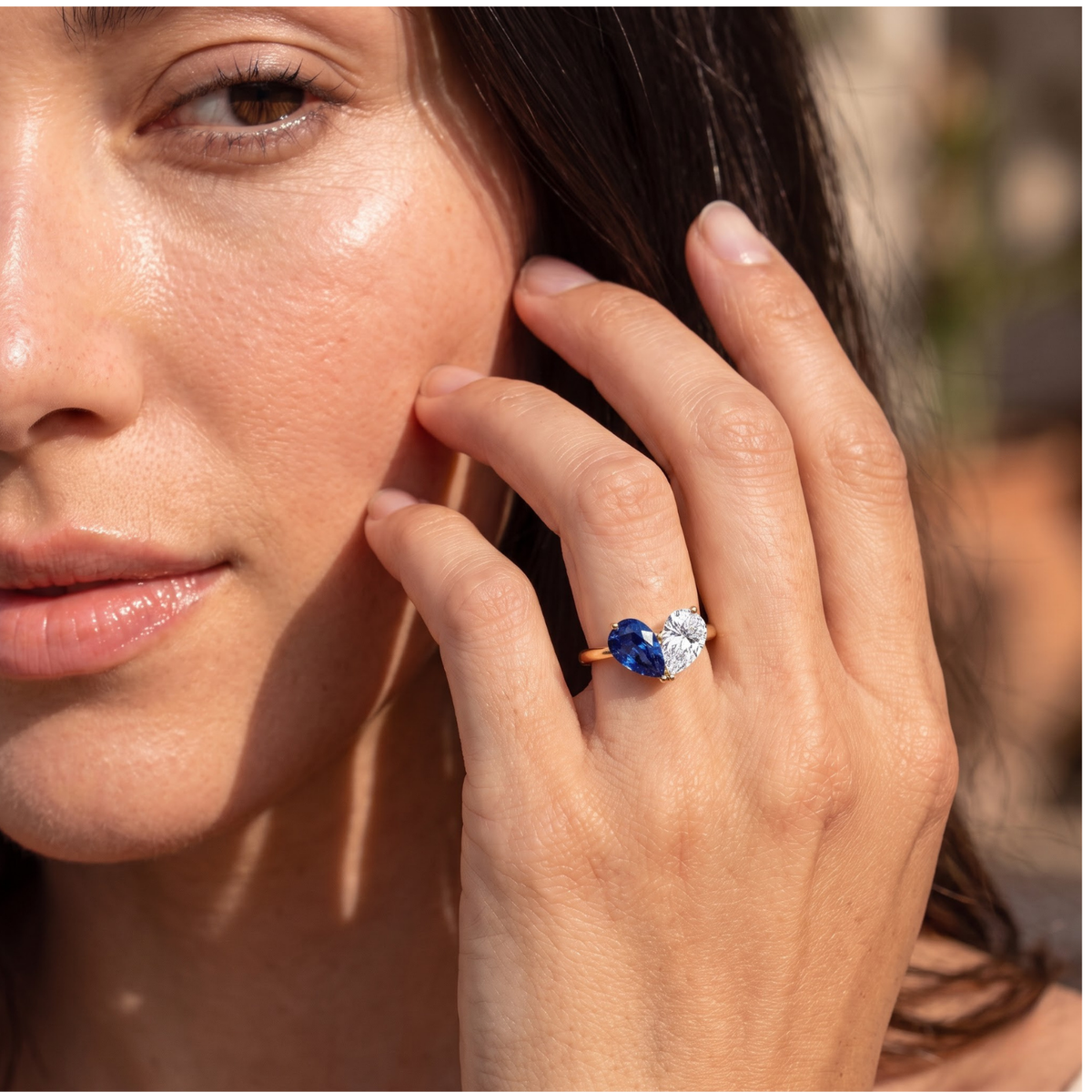 Toi et Moi Pear Shaped Emerald, Ruby, Sapphire and Lab Grown Diamond 14K Yellow Gold Two stone Ring