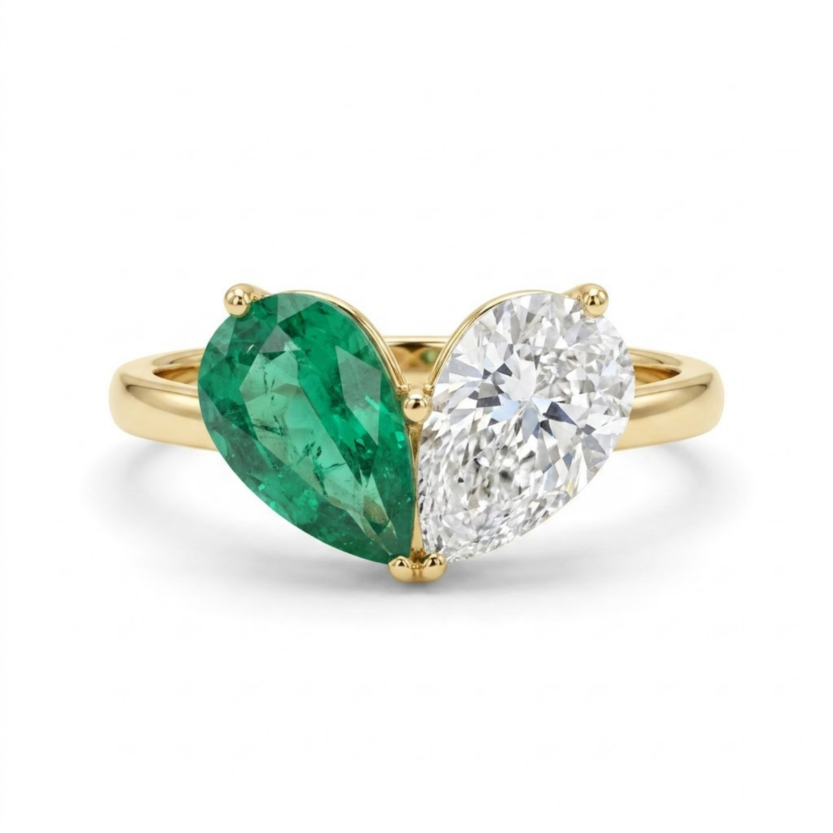Toi et Moi Pear Shaped Emerald, Ruby, Sapphire and Lab Grown Diamond 14K Yellow Gold Two stone Ring