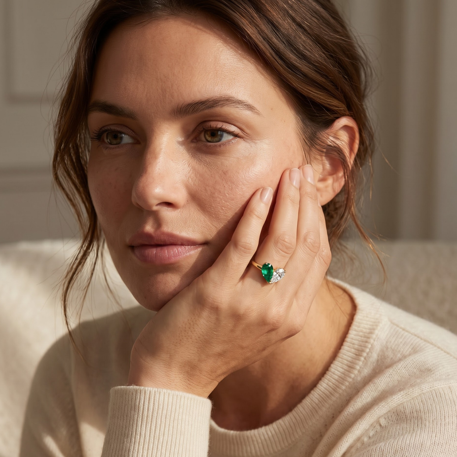 Toi et Moi Pear Shaped Emerald, Ruby, Sapphire and Lab Grown Diamond 14K Yellow Gold Two stone Ring