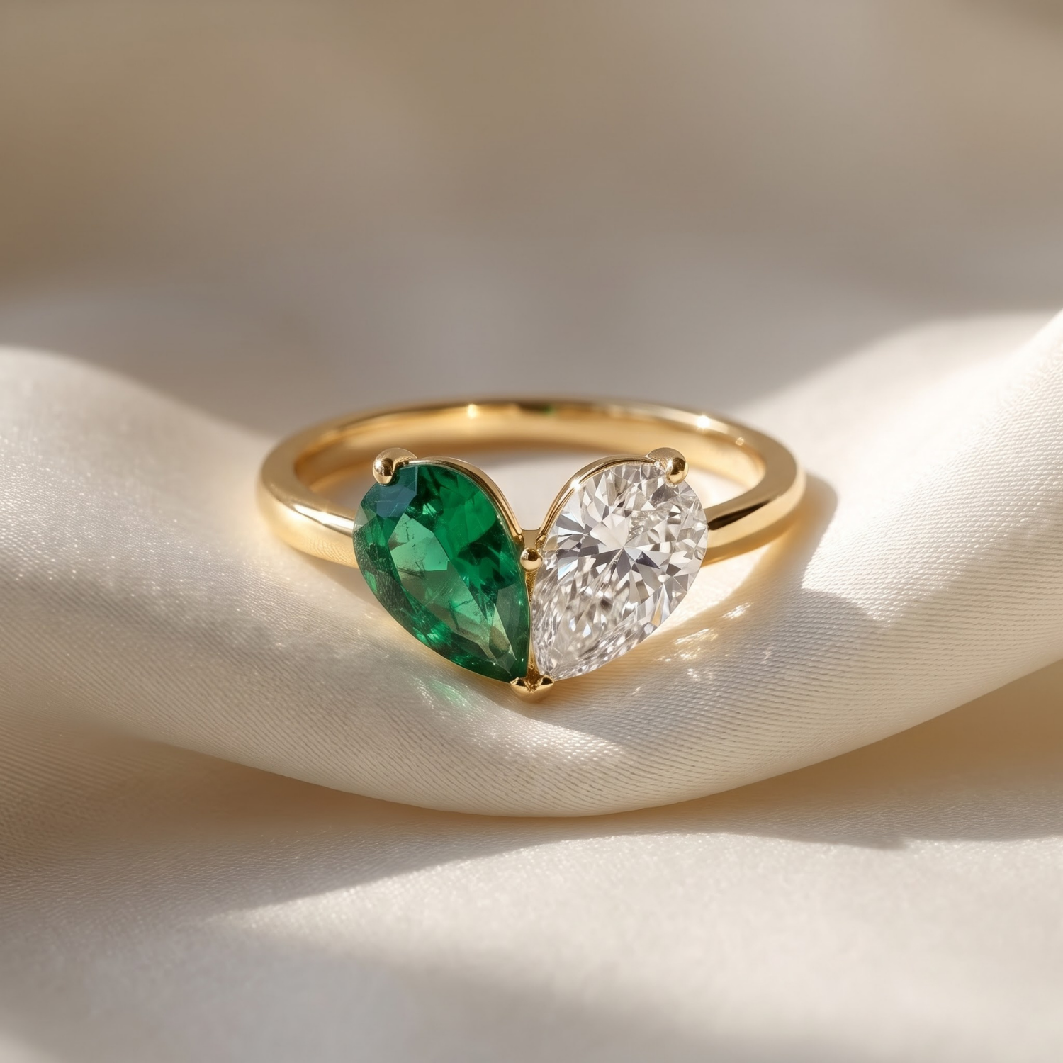 Toi et Moi Pear Shaped Emerald, Ruby, Sapphire and Lab Grown Diamond 14K Yellow Gold Two stone Ring