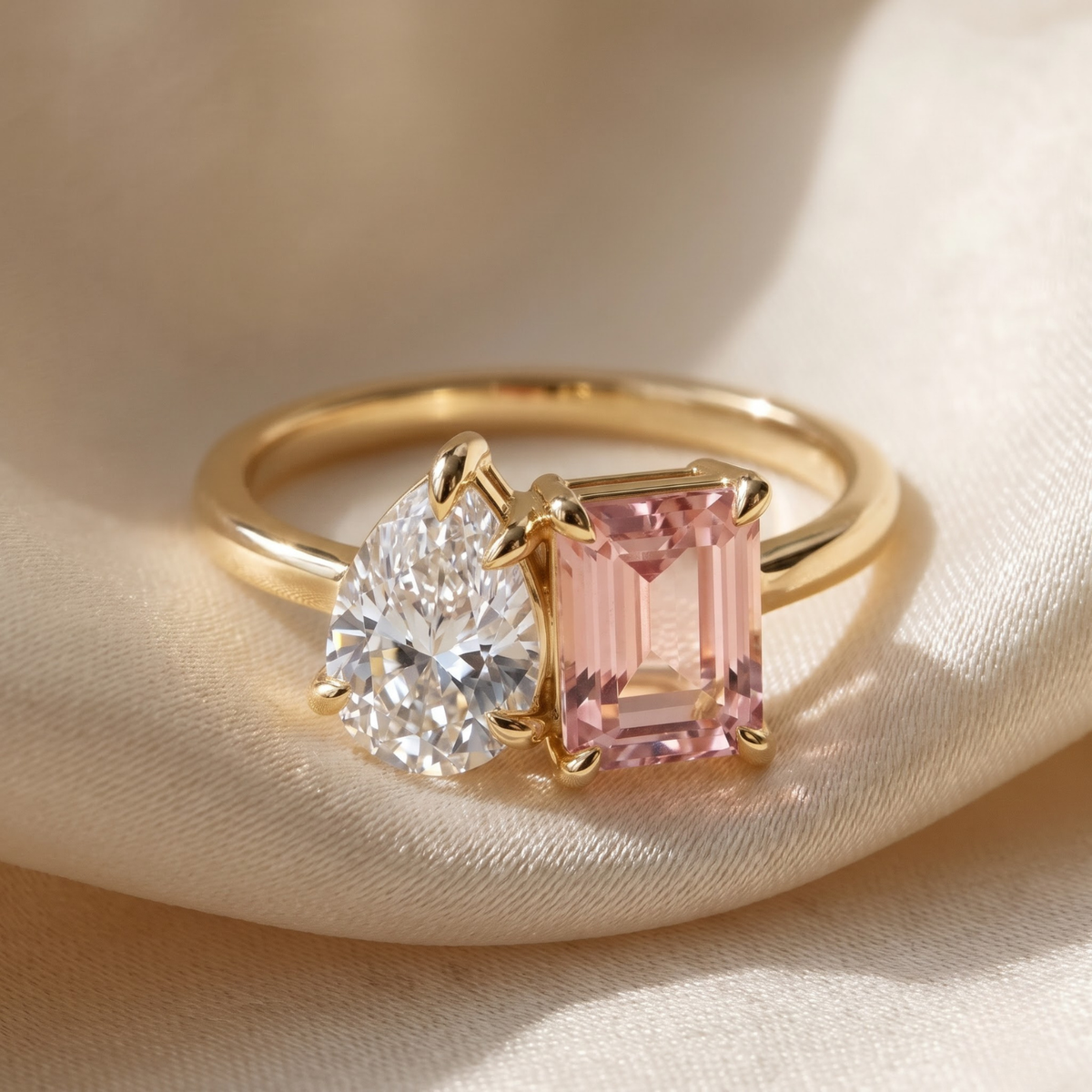 2.450 Cttw Octagon Morganite , Sapphire, Emerald and Lab Diamond 14K Yellow Gold Toi Et Moi Ring