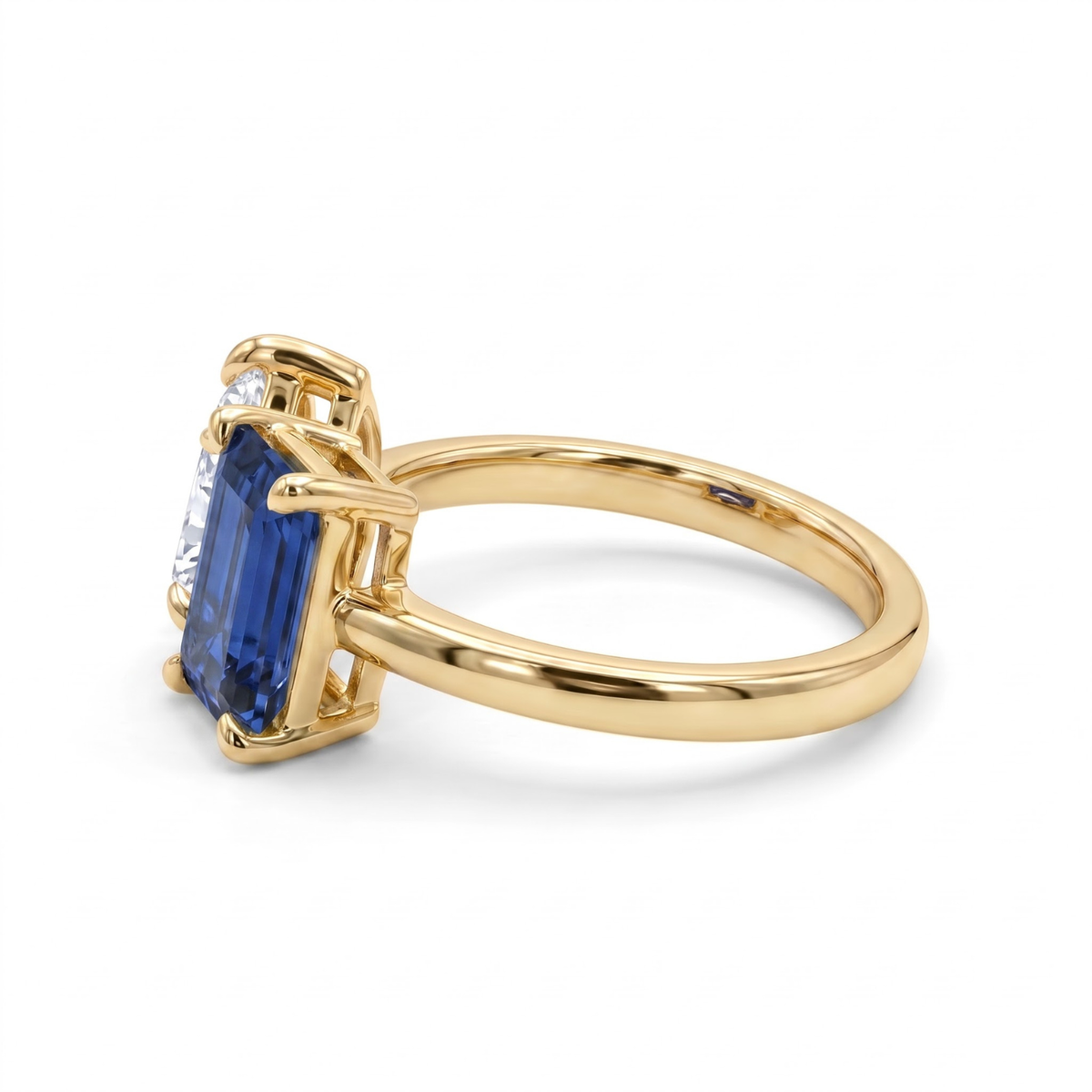 2.450 Cttw Octagon Morganite , Sapphire, Emerald and Lab Diamond 14K Yellow Gold Toi Et Moi Ring