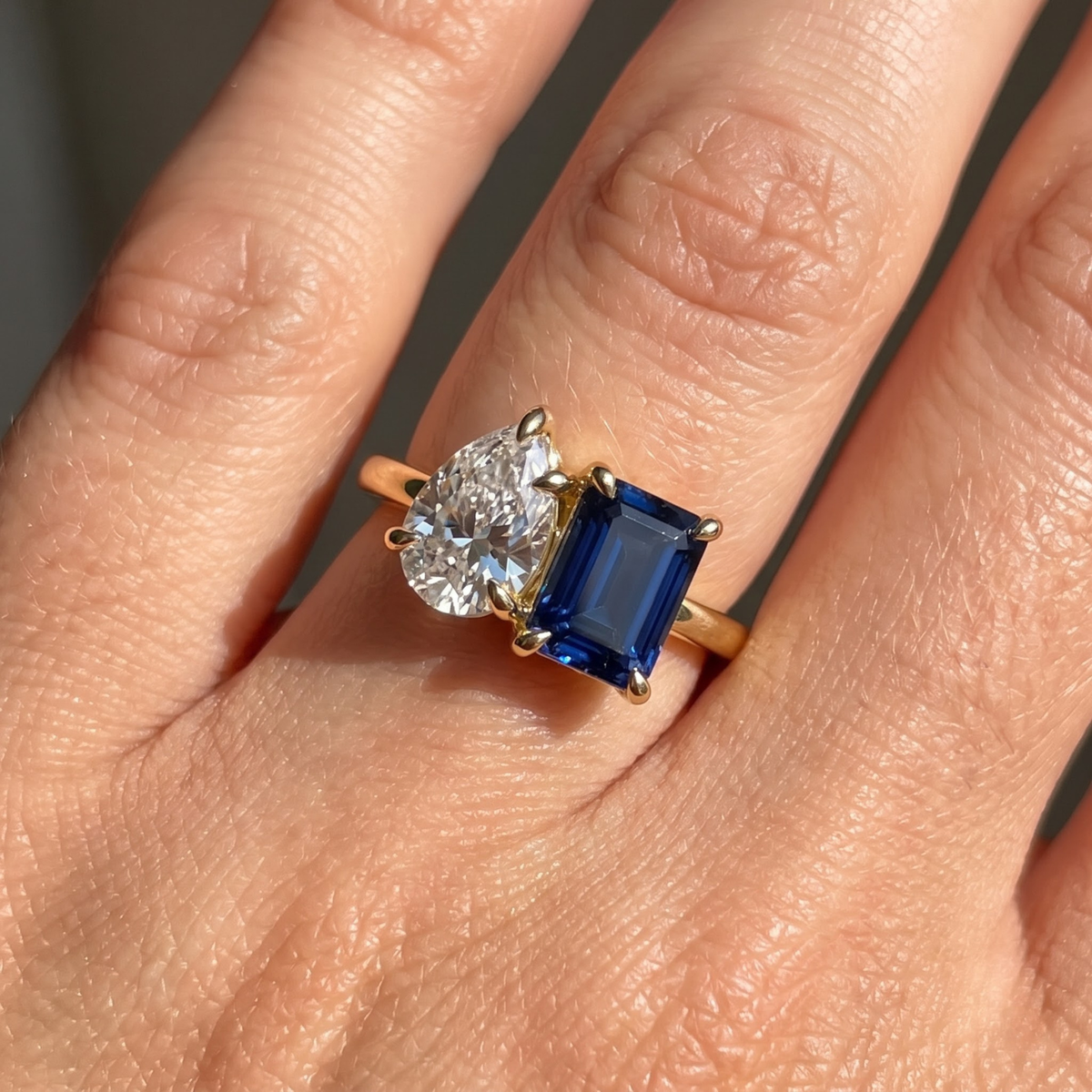 2.450 Cttw Octagon Morganite , Sapphire, Emerald and Lab Diamond 14K Yellow Gold Toi Et Moi Ring